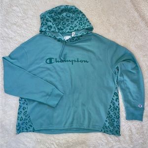 NEW Women’s Champion Cheetah Print Hoodie Sweatshirt in Aqua Green XL